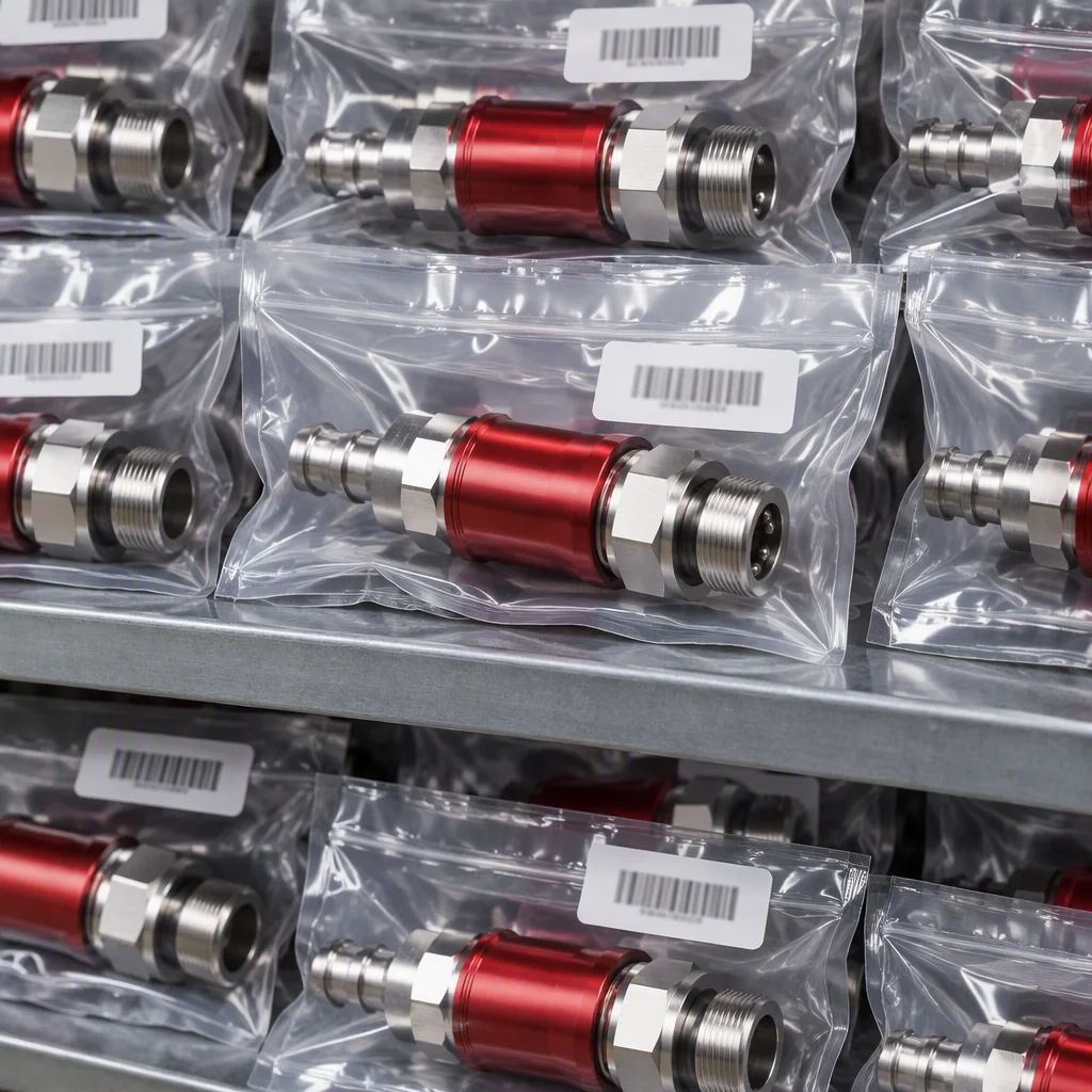 Rendering: finished parts in sealed clean bags on a shelf, the serial markings cut into the surface unreadable