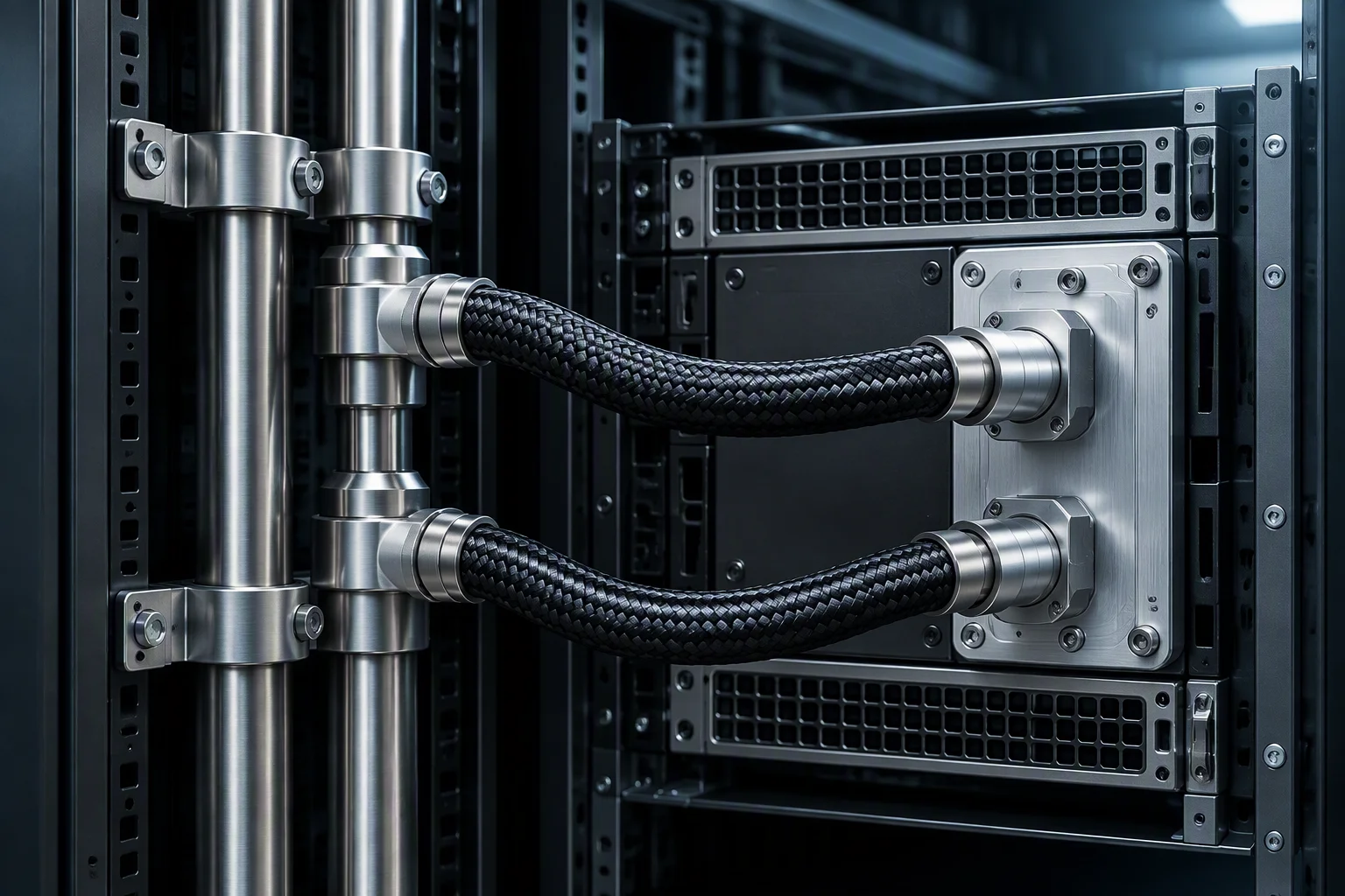 Rendering: a rack rear with a vertical pipe pair feeding braided hoses to a cold plate