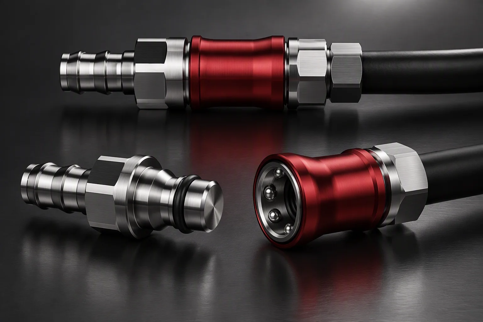 One mated coupling pair beside the same pair drawn apart, plug and socket facing each other (generated image)