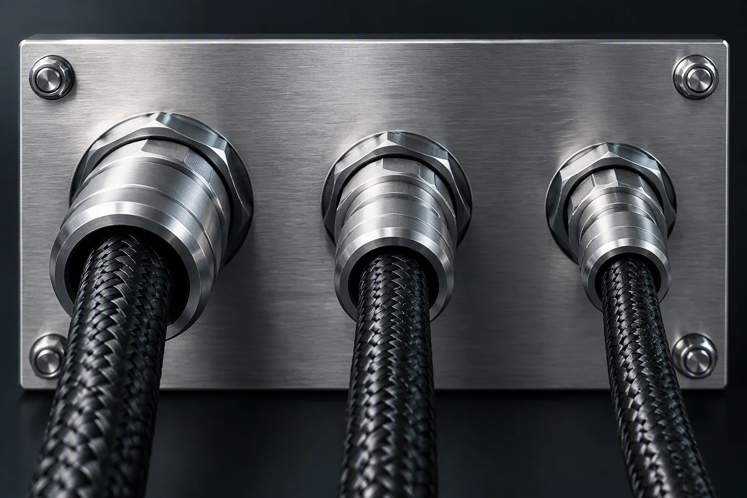Three couplings of different bores mounted through one stainless backplate, locknuts behind (generated image)