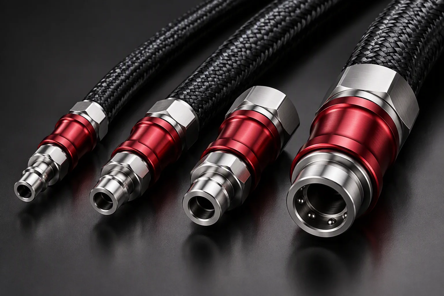 Four UQD couplings of increasing bore in one row, each joined to a thicker hose (generated image)