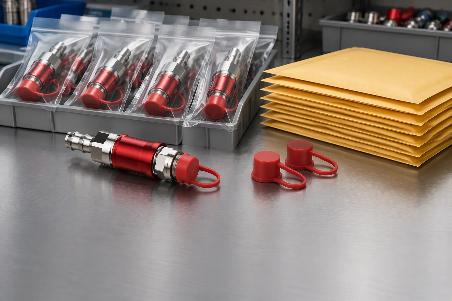 Rendering: a packing bench seen straight on with couplings bagged in sealed clean bags, dust plugs fitted, blank envelopes stacked beside them