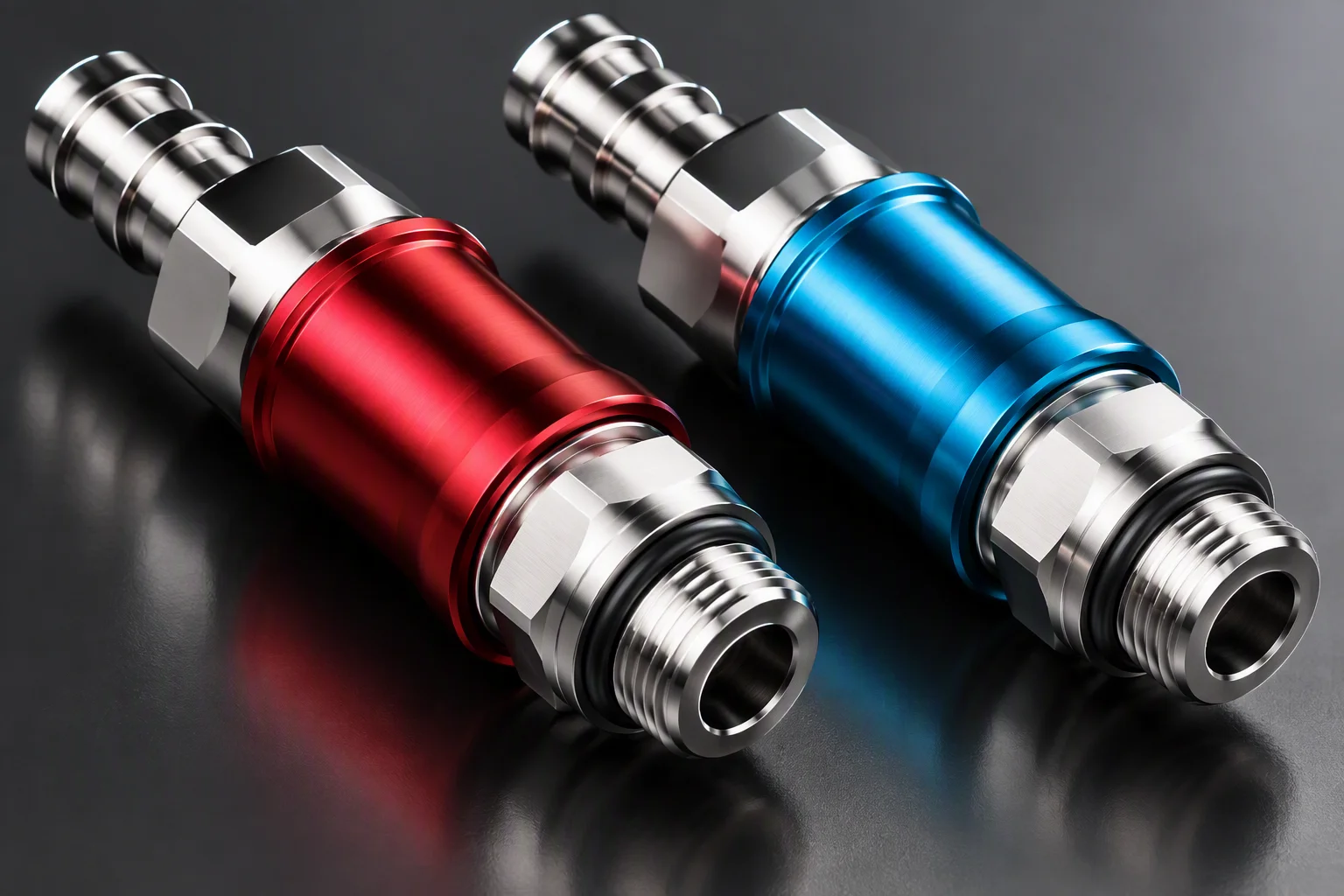 Rendering: one coupling with a red anodised ring beside one with a blue anodised ring, both in the same lapped stainless finish