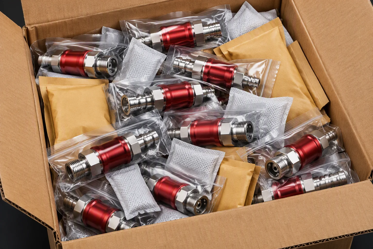 Rendering: an opened shipping carton revealing individually bagged couplings, desiccant sachets and blank documentation envelopes