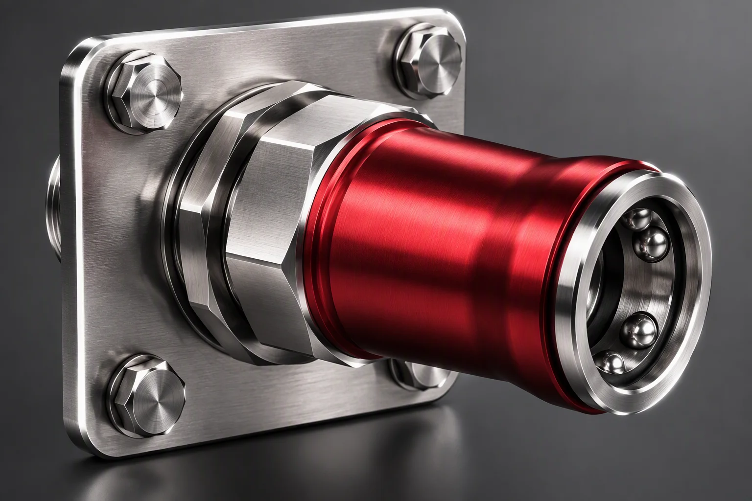 A panel-mounted socket with its mounting plate and seal ring visible