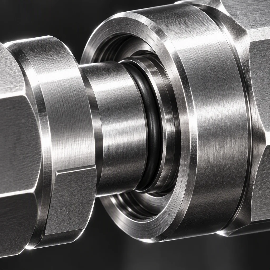 Rendering: a macro of a sealed assembly on a bench, the seal ring seated in its groove