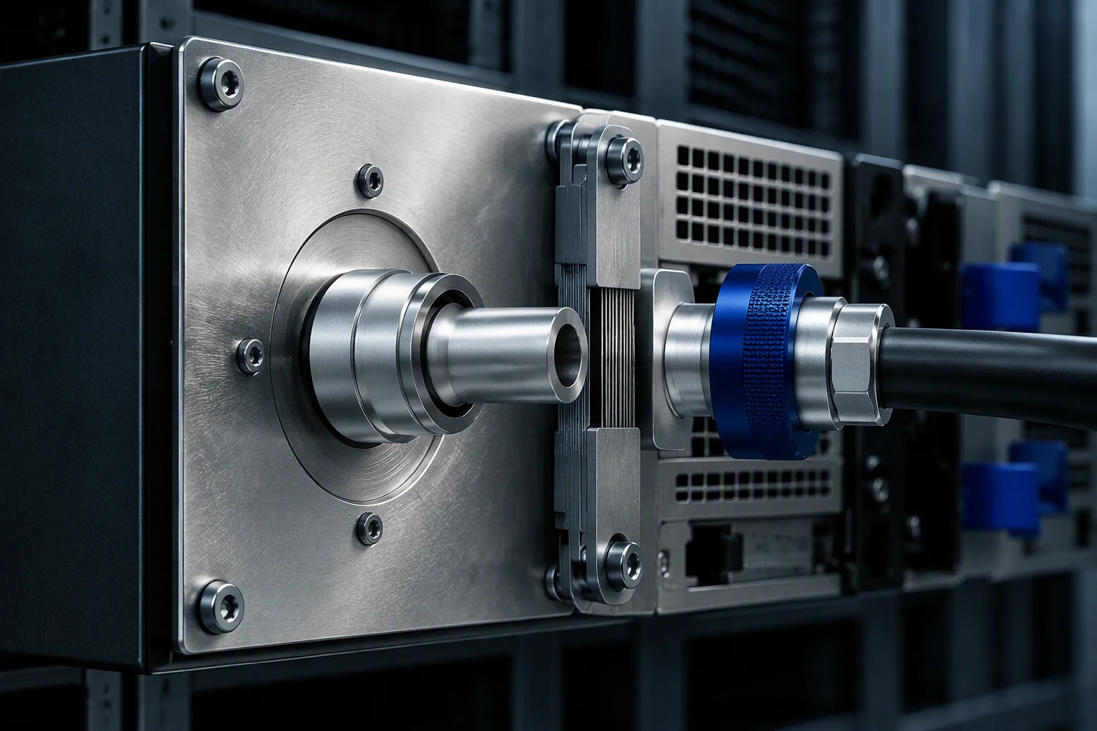 Rendering: a steel plate carrying a manifold socket and a tray plug with a thin shim stack between them