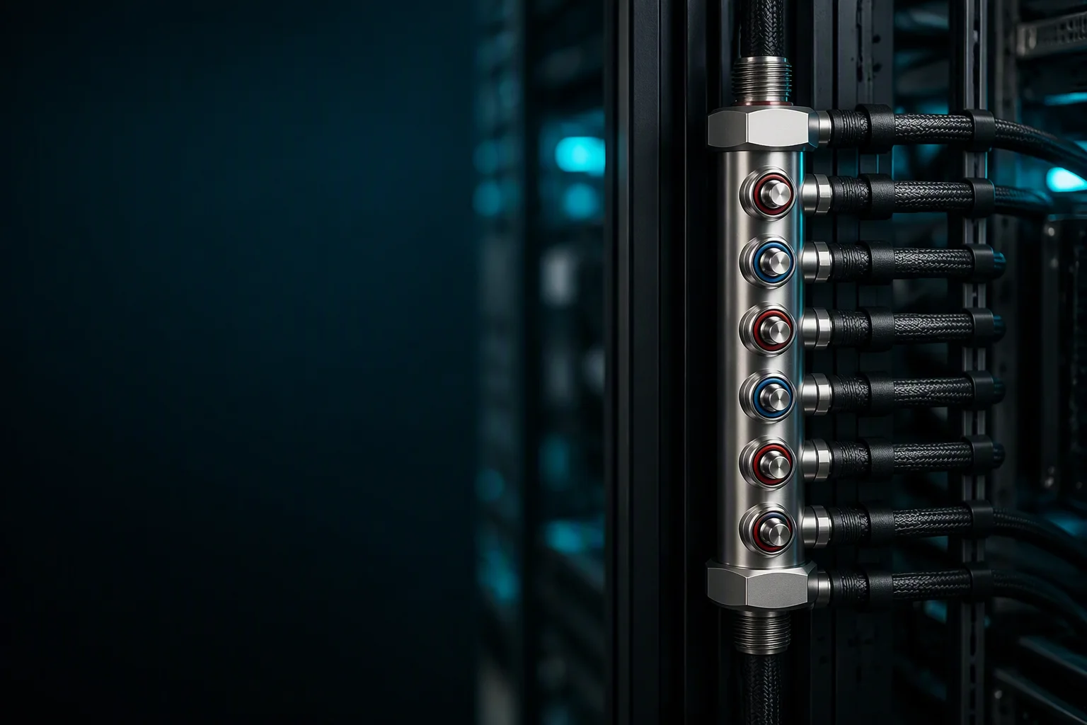 Six-port DryLink liquid cooling rack manifold with UQD couplings installed inside a GPU server rack