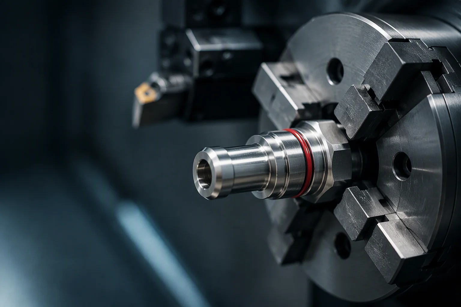 UQD coupling body machined on a CNC spindle with coolant mist