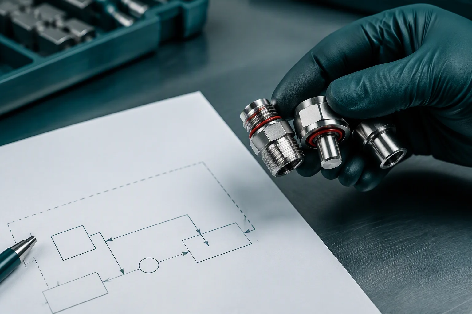 Engineer holding a UQD coupling over a liquid loop diagram