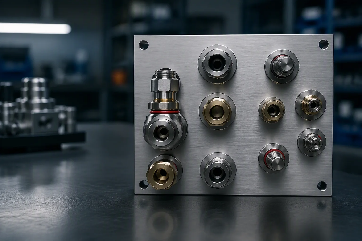CDU cabinet connected to custom-machined manifolds and quick disconnects