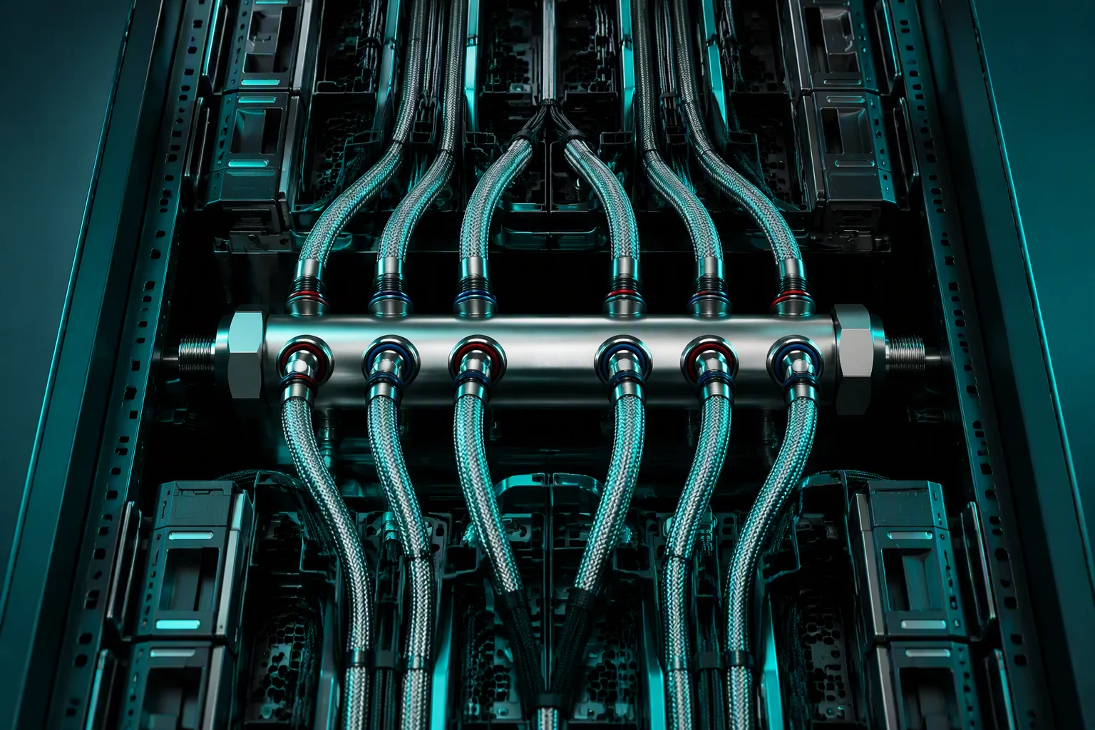 Manifolds and coolant hoses inside a liquid-cooled GPU compute rack