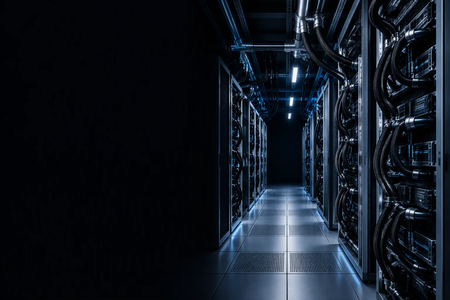 Rendering: an aisle of liquid-cooled racks in depth with hose runs overhead