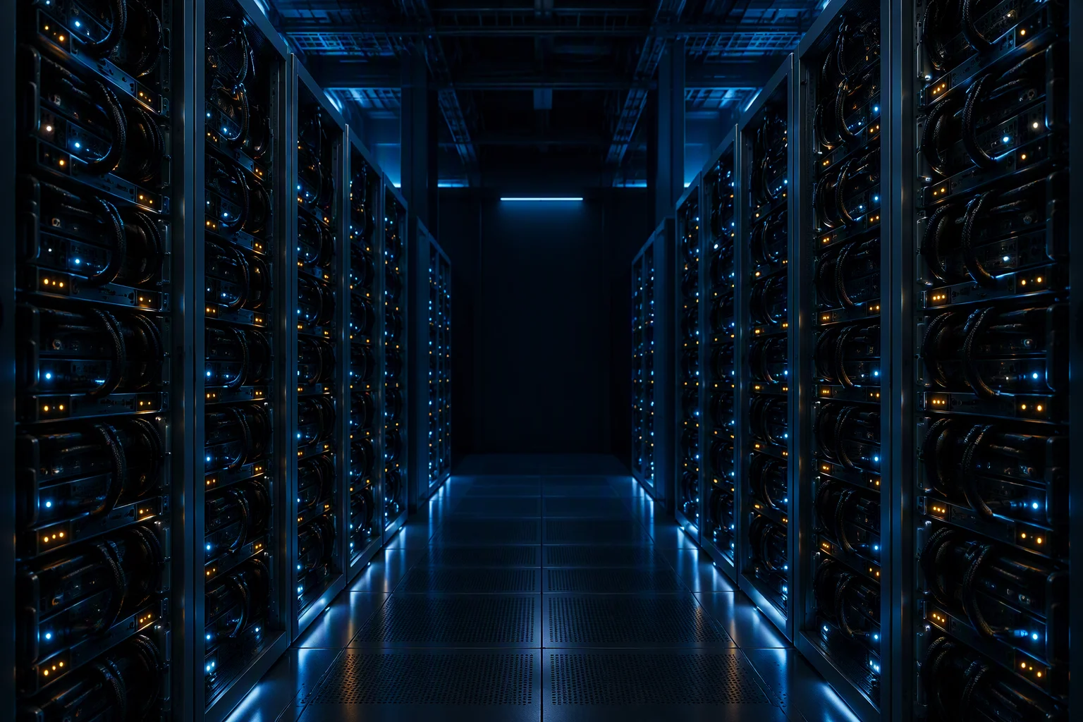 Rendering: a rack row at low light with only indicator points picked out