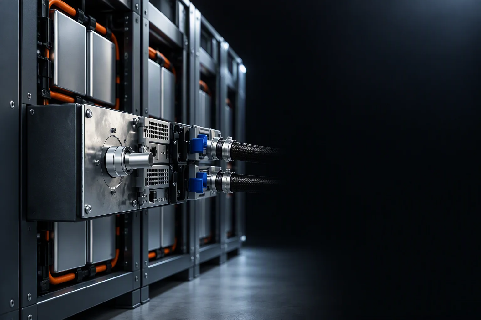 Rendering: a row of battery storage cabinets outdoors, coolant hoses running along their faces