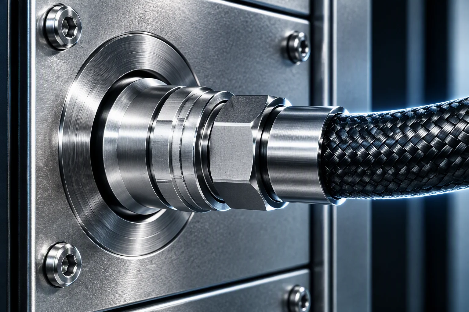Rendering: a macro of the coolant port on a battery cabinet face, the coupling collar turned to camera