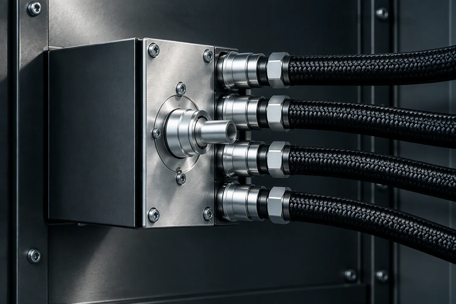 Rendering: a coolant manifold with four ports inside a sheet-steel battery cabinet, hoses running to each port