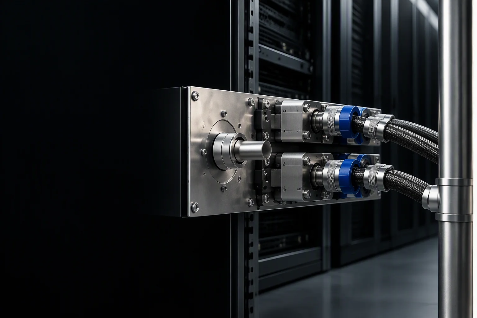 Rendering: a CDU service face with manifold blocks and coupling banks across one panel