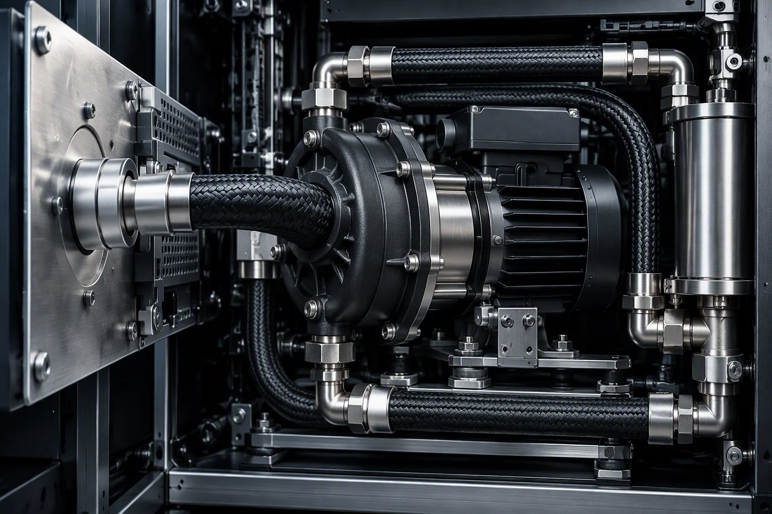Rendering: the interior of a CDU with the pump body and hose runs visible