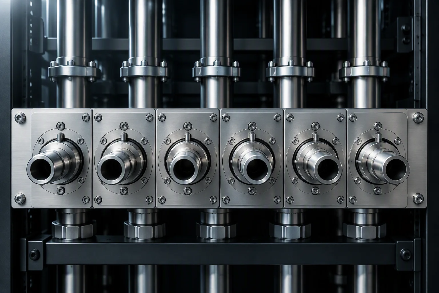 Rendering: a CDU outlet bank, a row of coupling ports with trunk pipes rising behind them