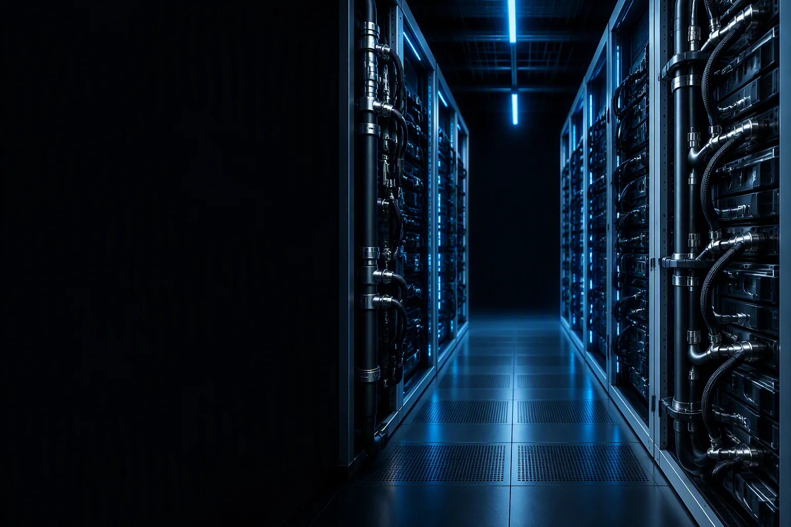 Rendering: paired racks either side of an aisle in a working hall, manifold posts near the rack faces