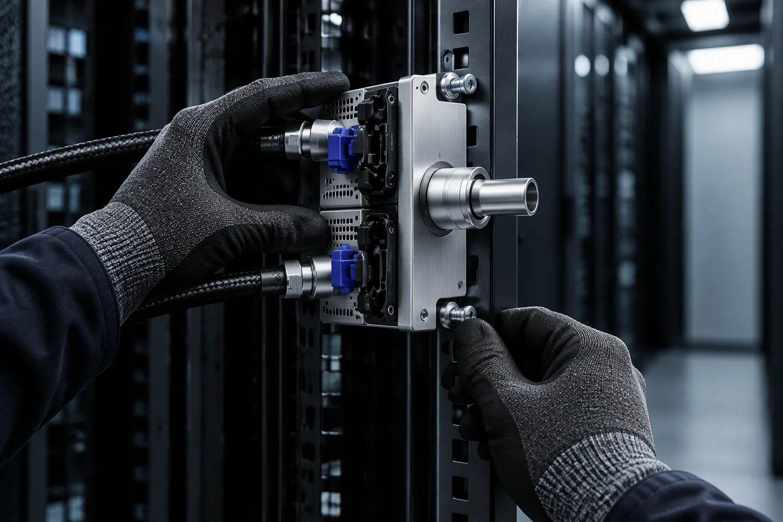 Rendering: gloved hands mounting a slim manifold on a rack post in a live aisle