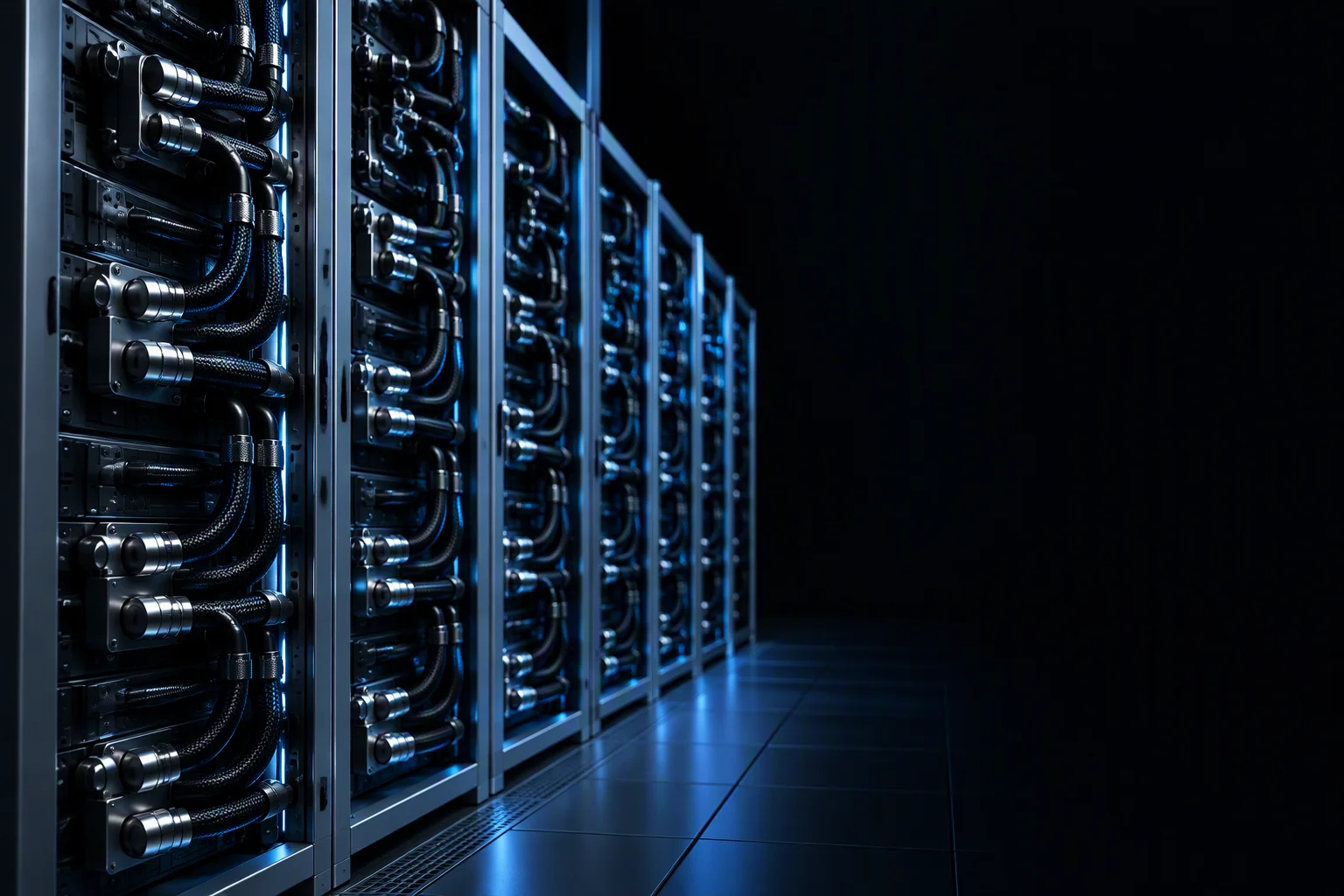 Rendering: a run of liquid-cooled racks with couplings visible at the rack faces