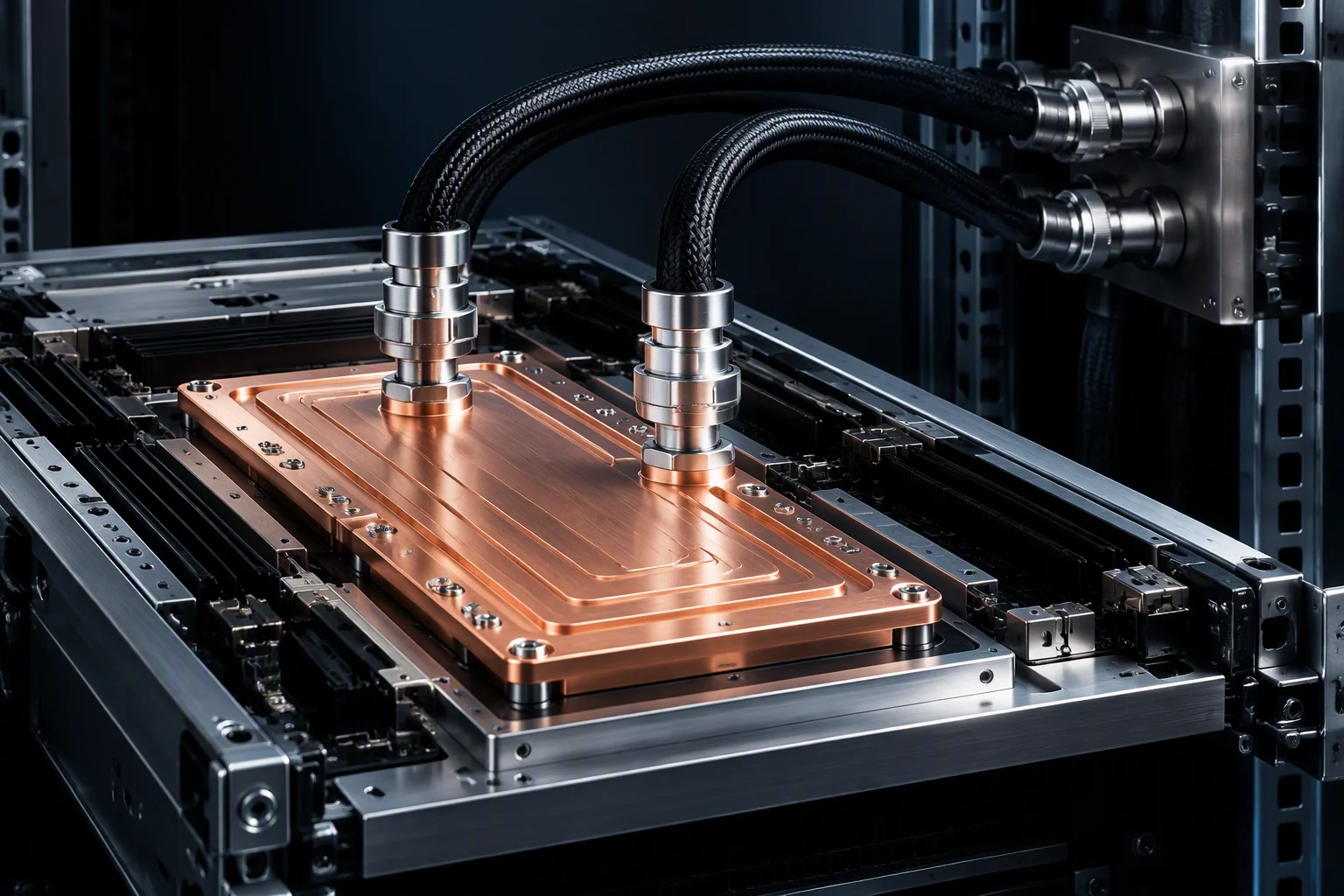 Rendering: a cold plate on a server tray with its two coupling tails, hoses looping away to a manifold