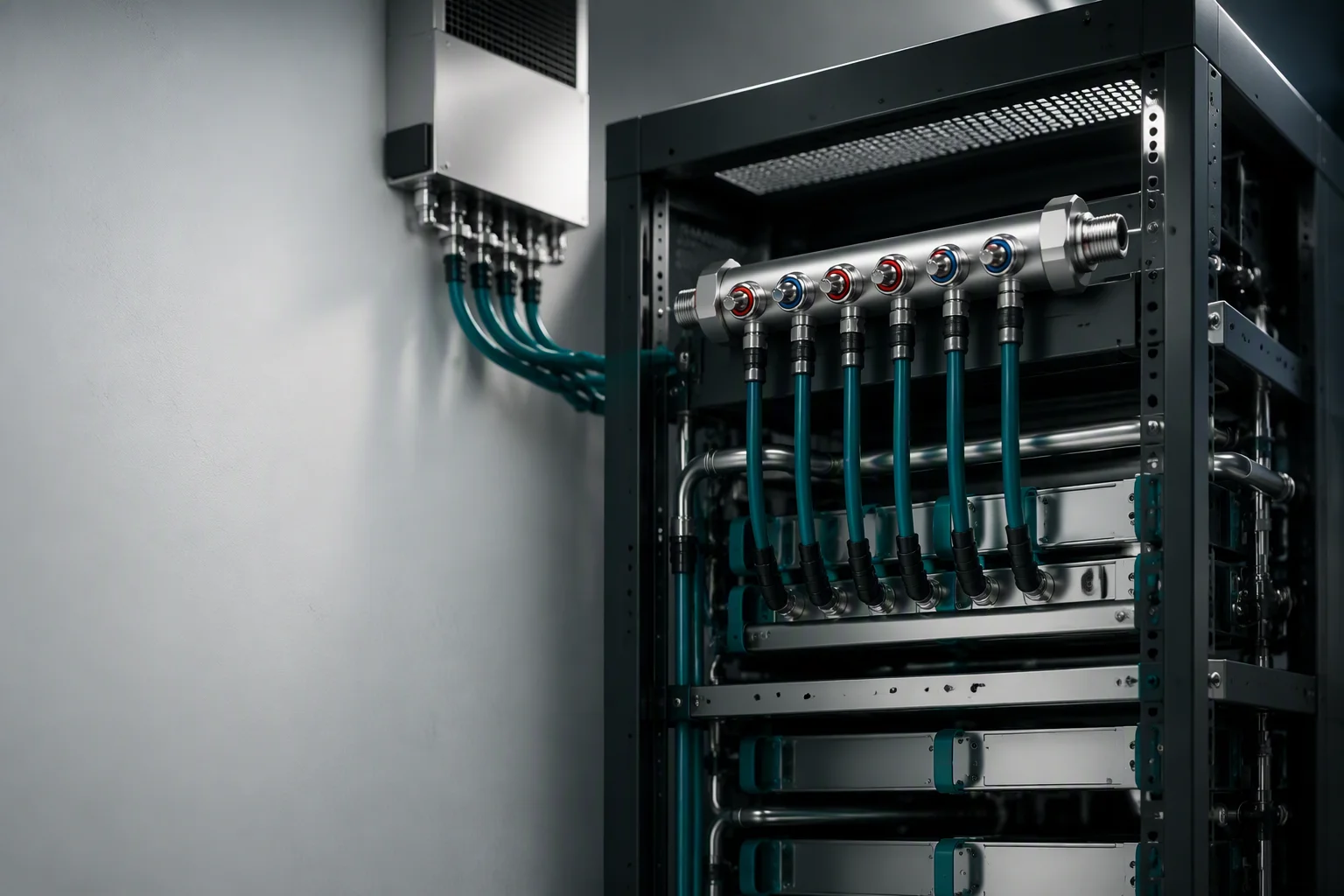 Compact edge data room with a liquid-cooled rack and quick disconnect service lines
