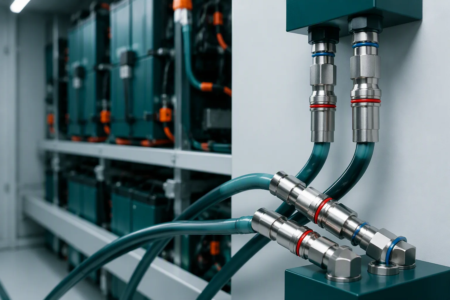 Battery energy storage containers with liquid cooling manifolds and quick disconnect lines