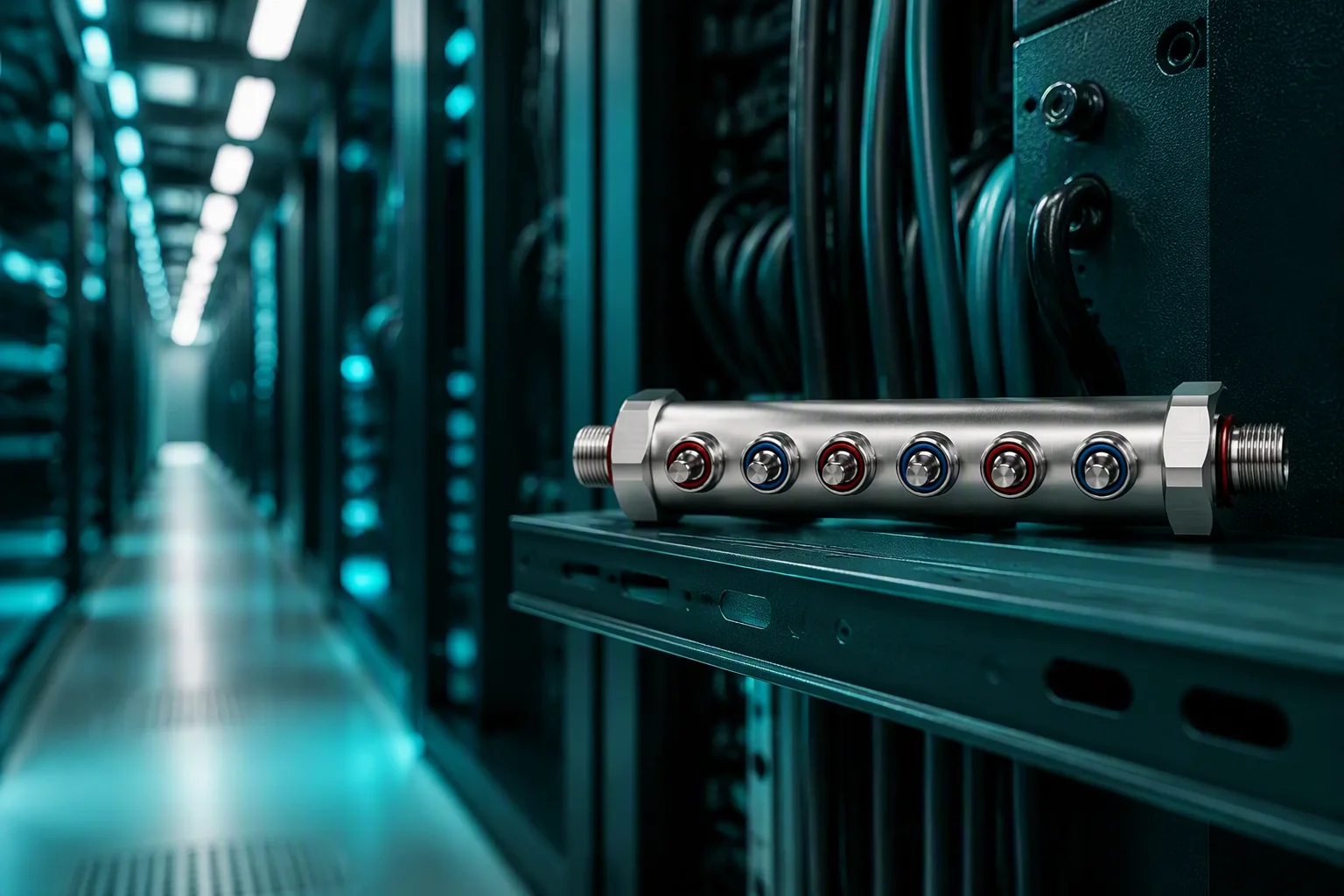 Liquid cooling rack manifold in a data center cold aisle