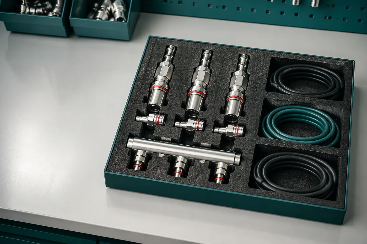 Test lab bench with UQD couplings wired into a liquid cooling test loop