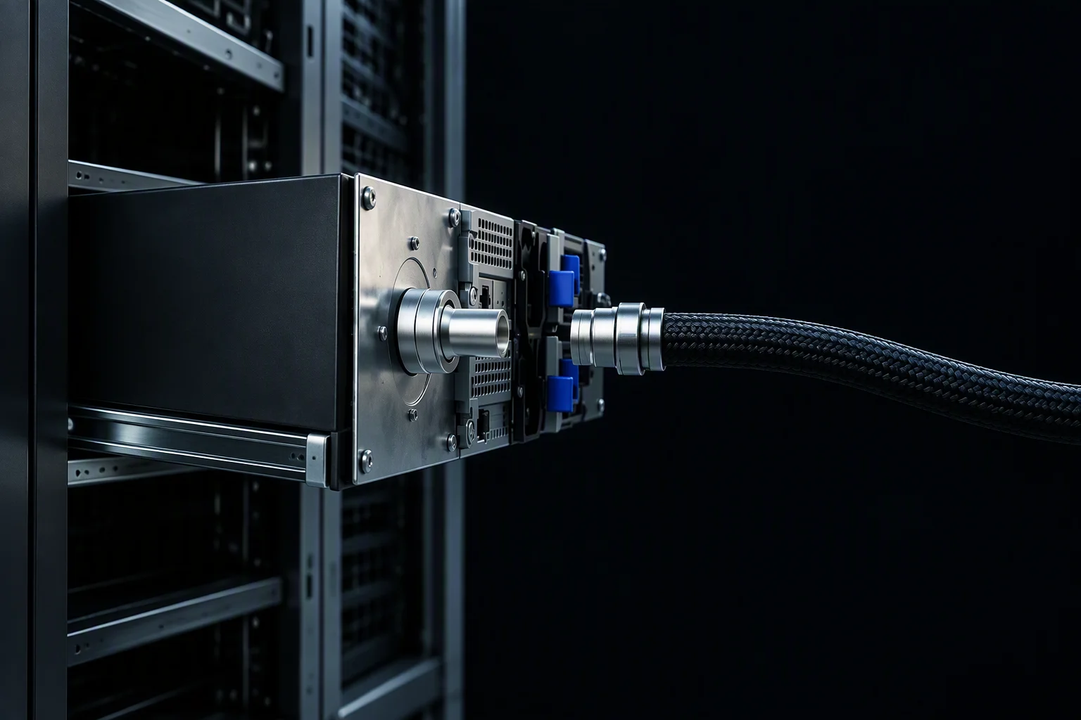 Rendering: a tray sliding into a rack, its plug approaching the receptacle plate