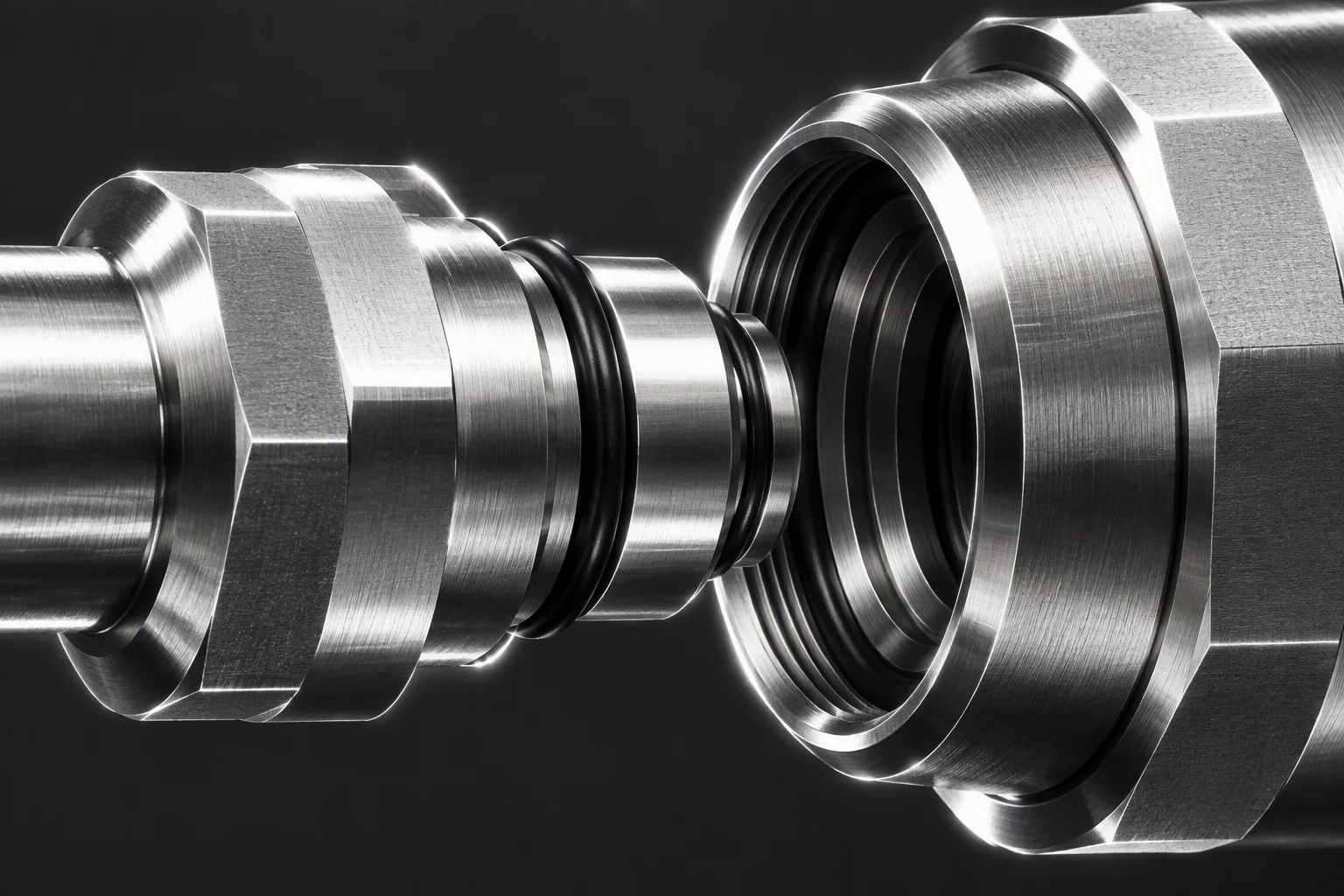 Rendering: a close view of a blind-mate plug entering its receptacle, machined edges picking up the rim light
