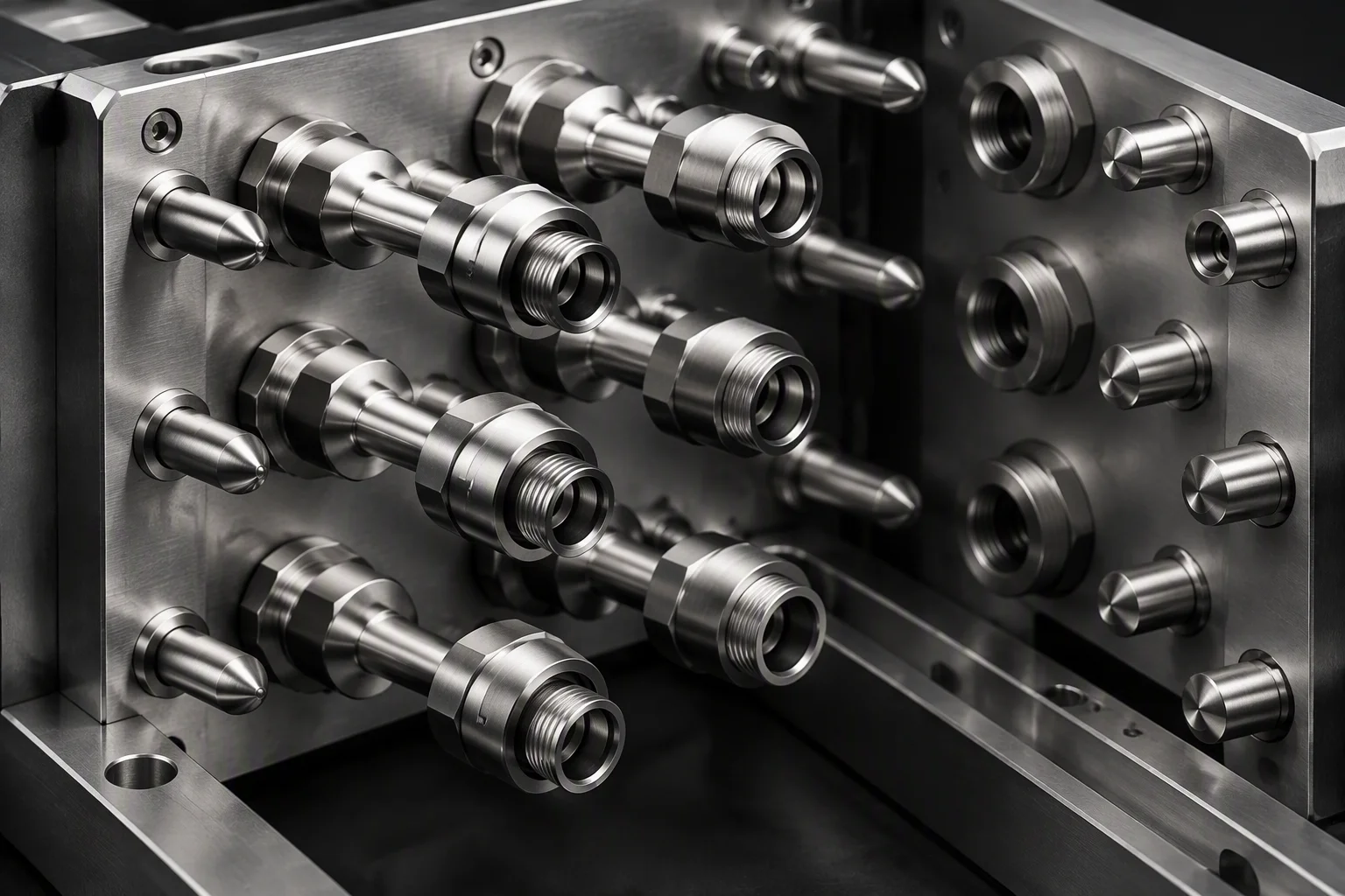 Rendering: a tray backplane carrying plug rows with guide pins on either side and sockets waiting beyond