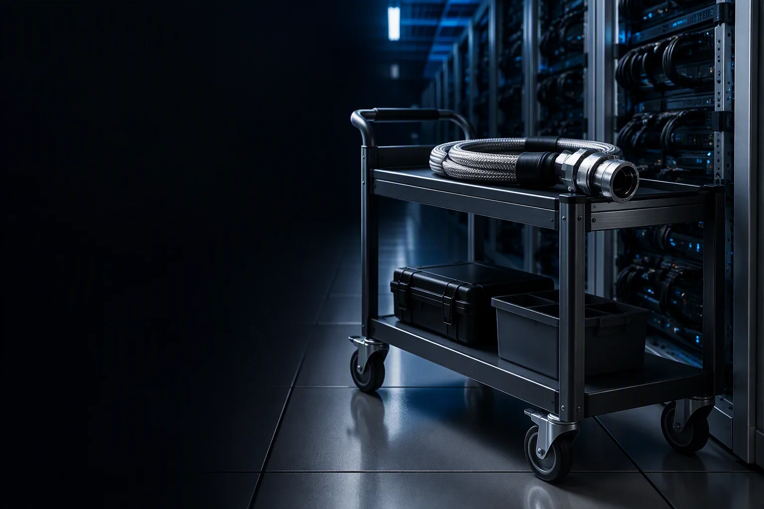 Rendering: a service cart beside a rack holding a coupling and a length of hose