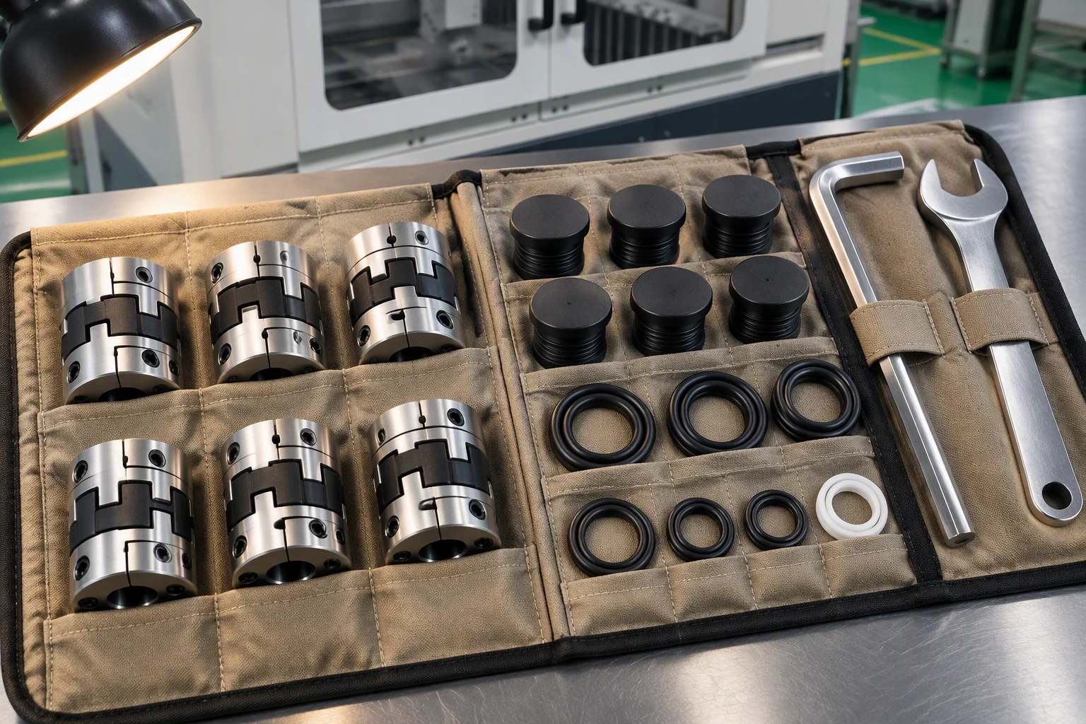Rendering: a service kit laid open on a canvas roll, with spare couplings, dark dust plugs, seals and two hand tools