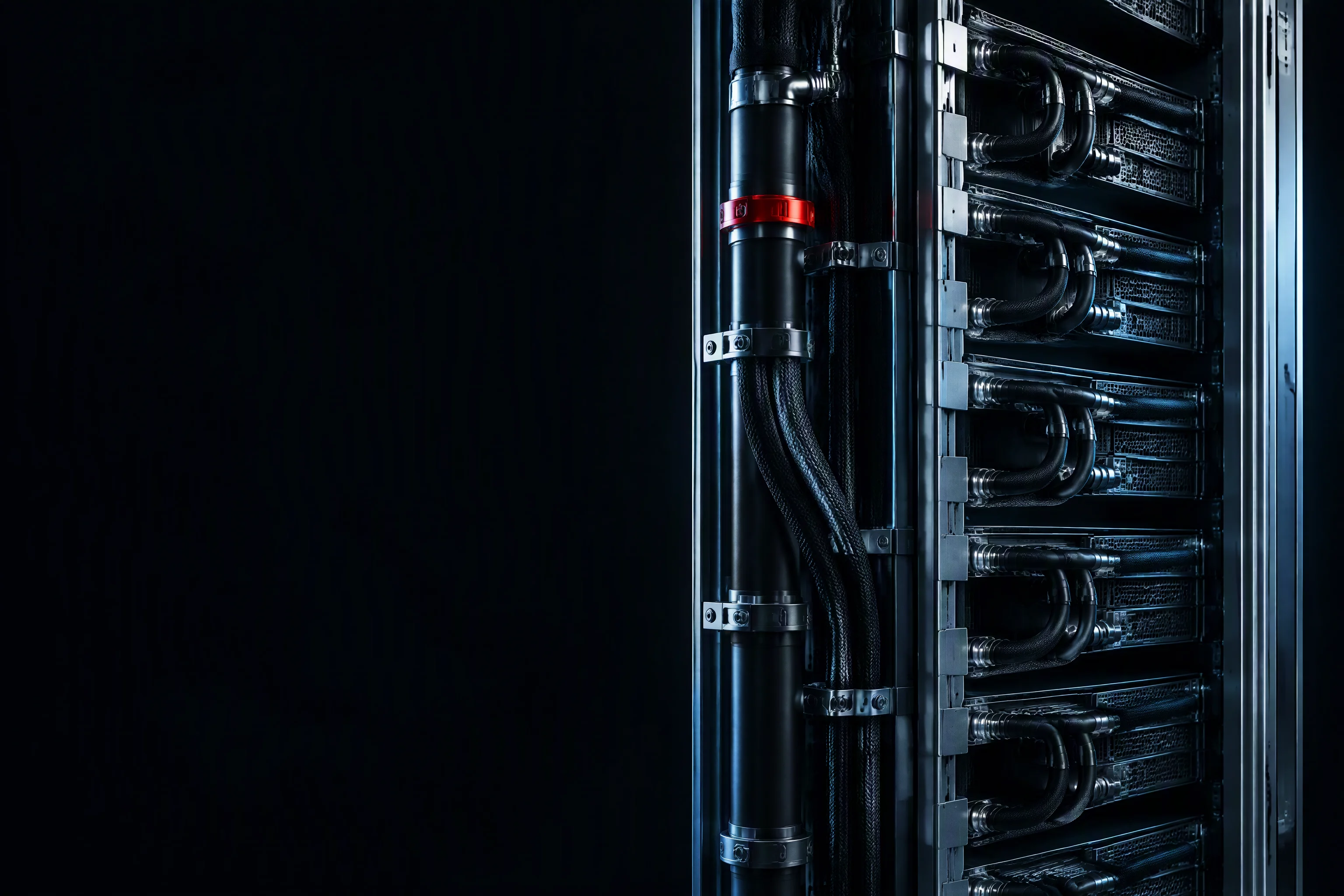 Liquid-cooled rack column with UQD couplings and braided hose runs — generated image