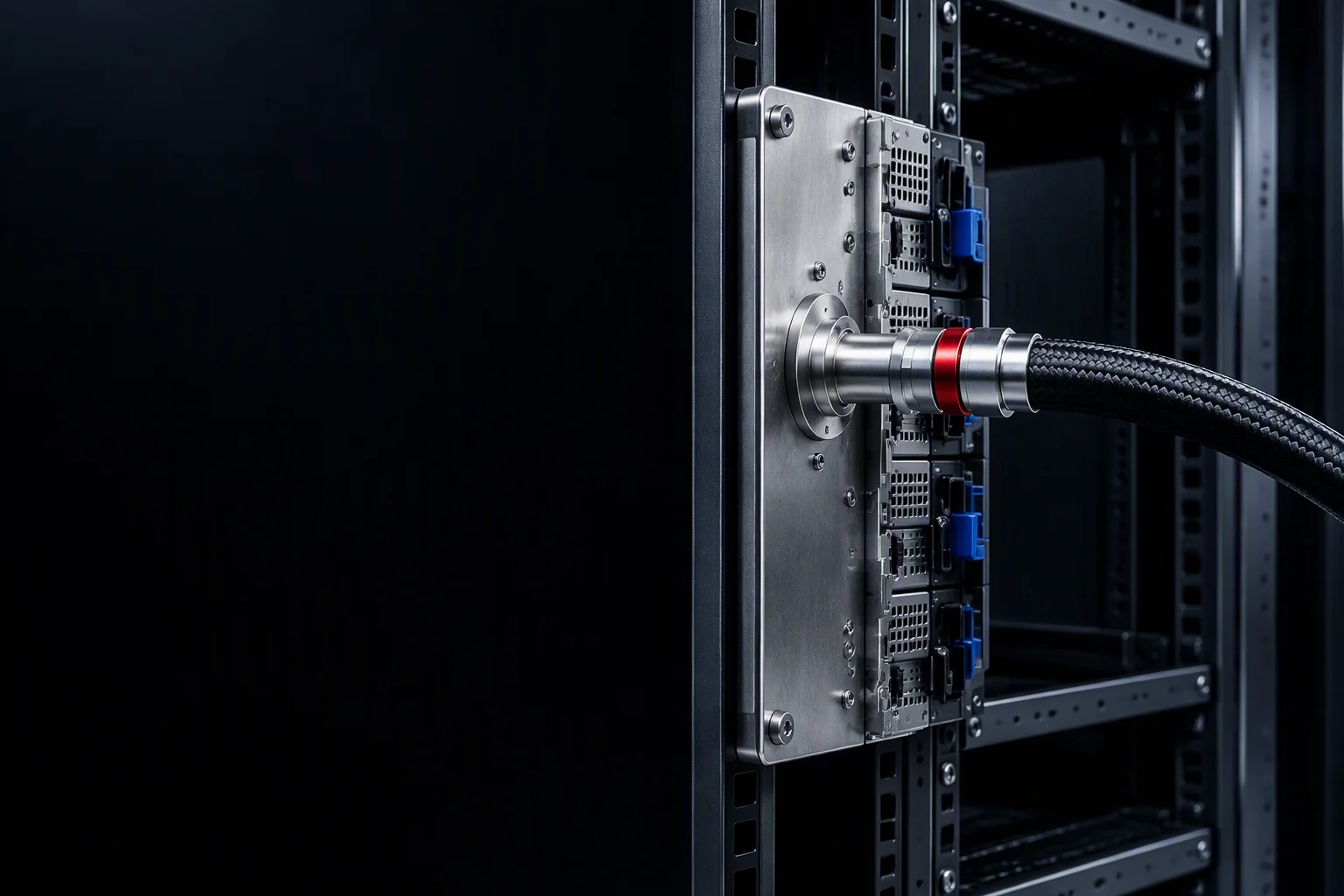 A vertical rack manifold standing beside an open rack frame, held to the right with the left of the frame kept clear (generated image)