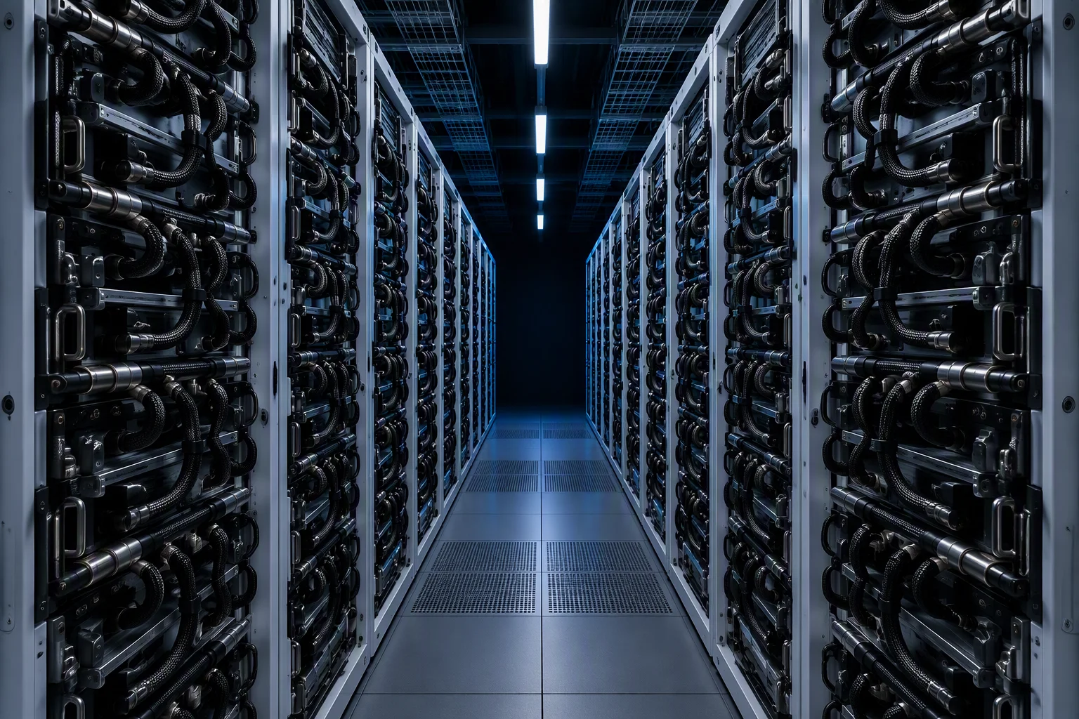 A rack aisle in depth with manifolds on both rack faces, filling the frame edge to edge (generated image)
