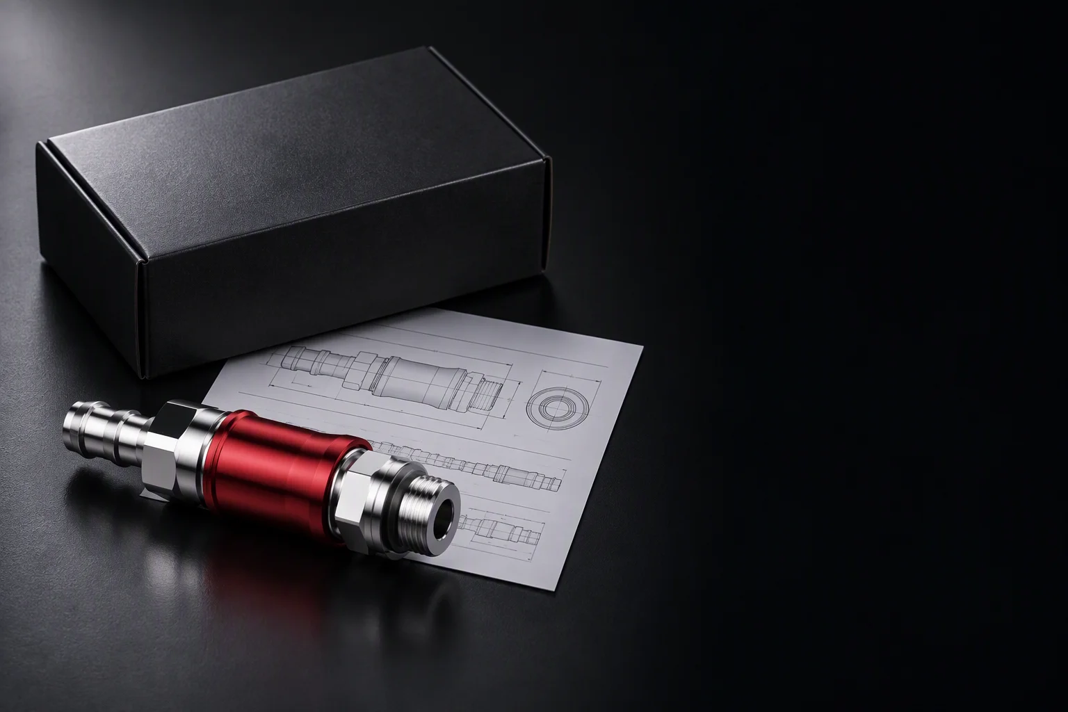 Rendering: a closed component box on a dark desk with a folded specification sheet and a single coupling beside it, right side of frame left clean