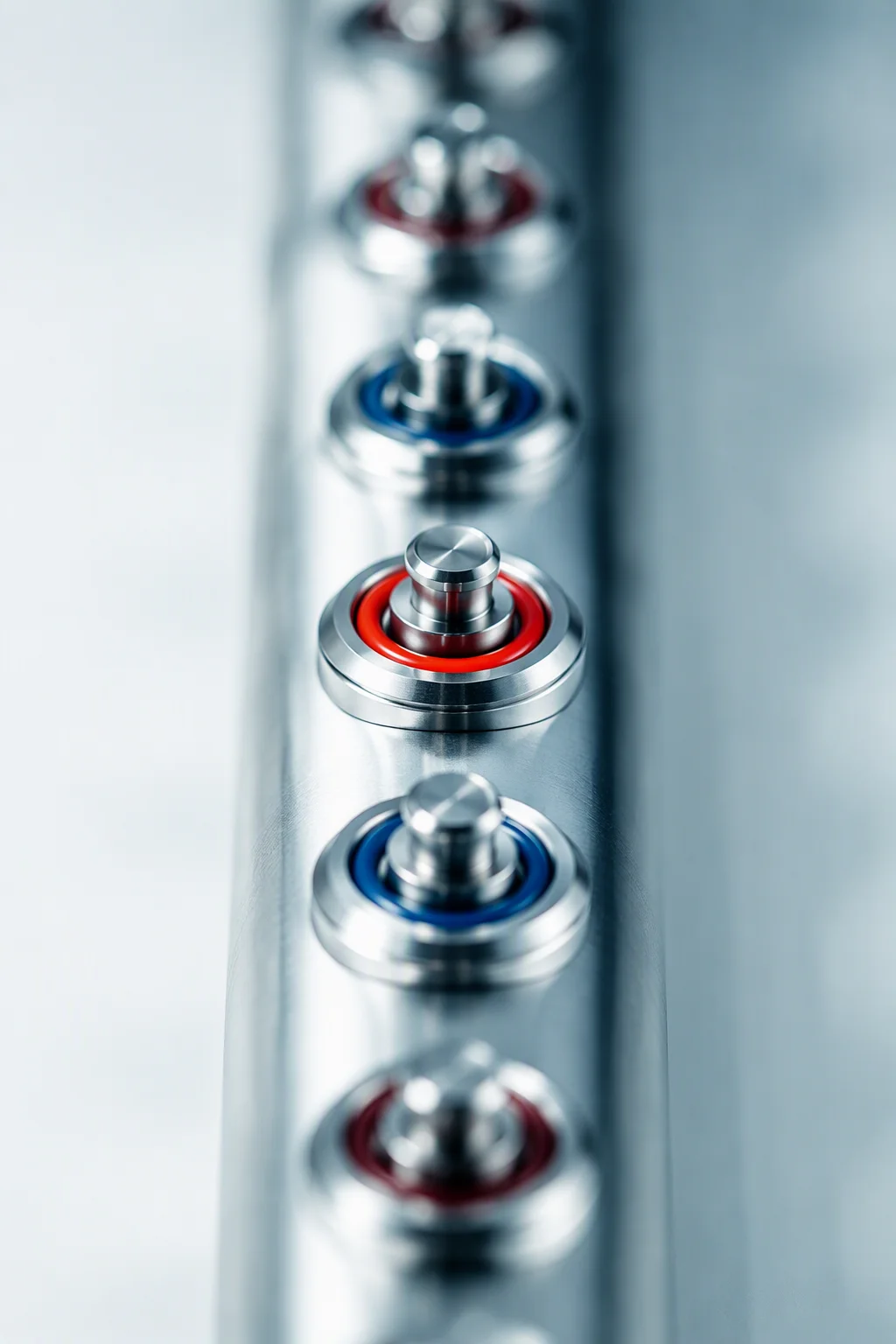 Close detail of machined manifold ports with red and blue UQD couplings seated