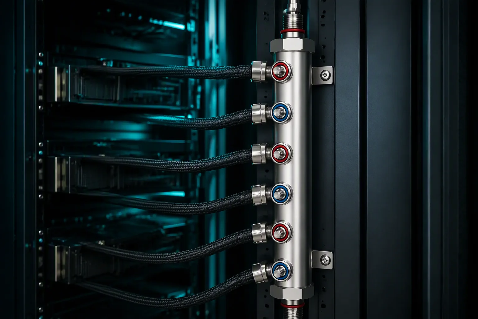 Supply and return rack manifolds with UQD ports mounted along server trays