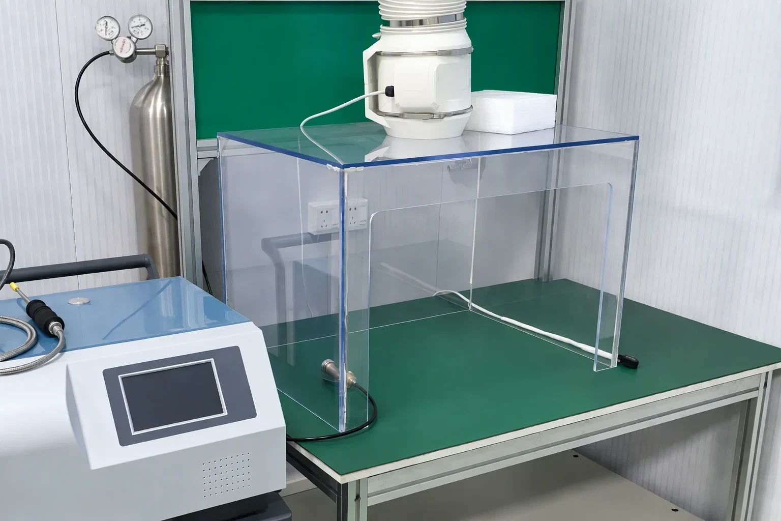 Rendering: a leak-detection bench, with a bench-top leak detector and its blank screen at the left, a clear acrylic test chamber on a green bench top, a stainless gas cylinder with two plain pressure gauges behind it, and a white exhaust duct above