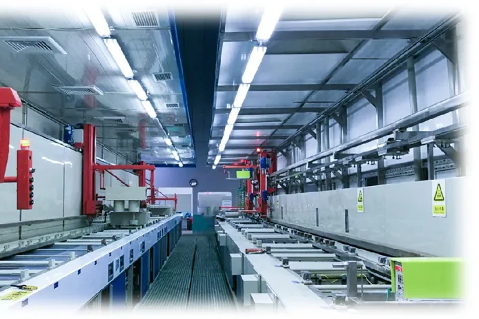 An automated finishing line: gantry hoists over a run of process tanks