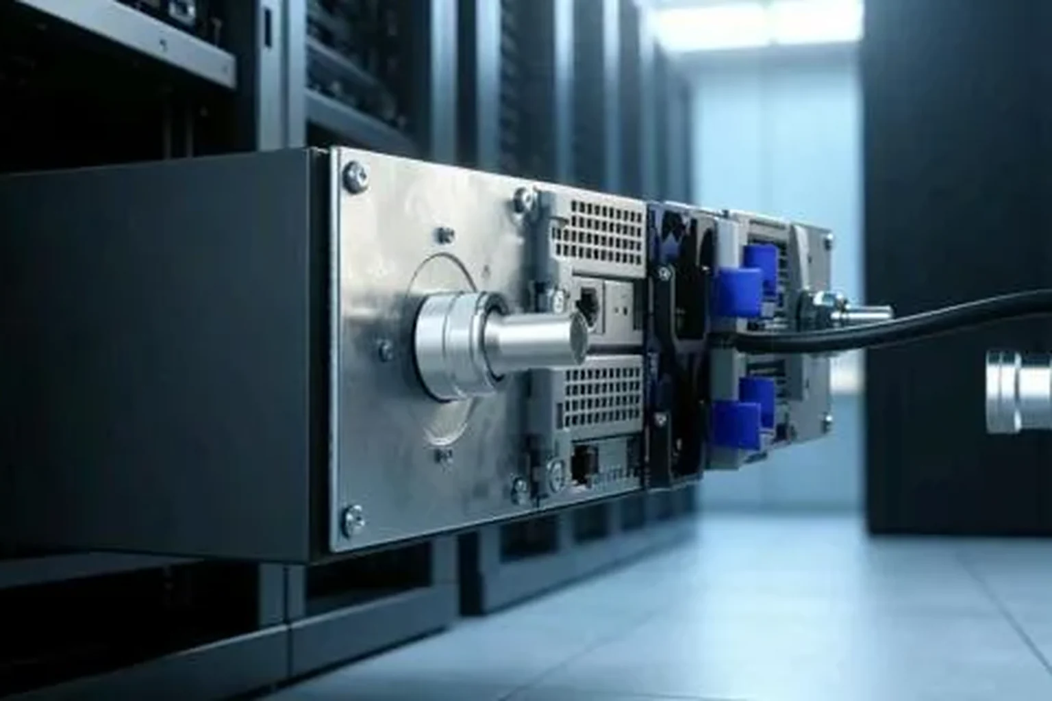 Rendering: a machined coupling spigot on a brushed stainless rack panel, blue latch levers beside it and a black hose running out of frame