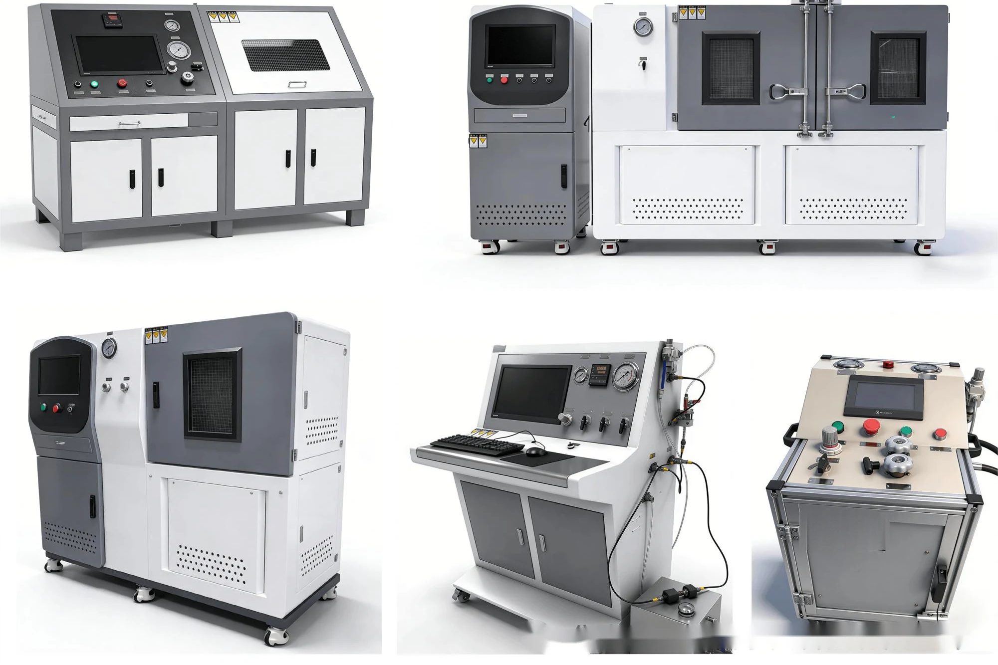 Rendering: five test-bench units presented as one composite sheet, two across the top and three below