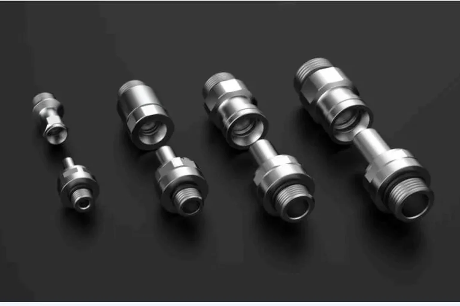Rendering: four blind-mate coupling pairs in ascending size, natural stainless, on a dark grey ground