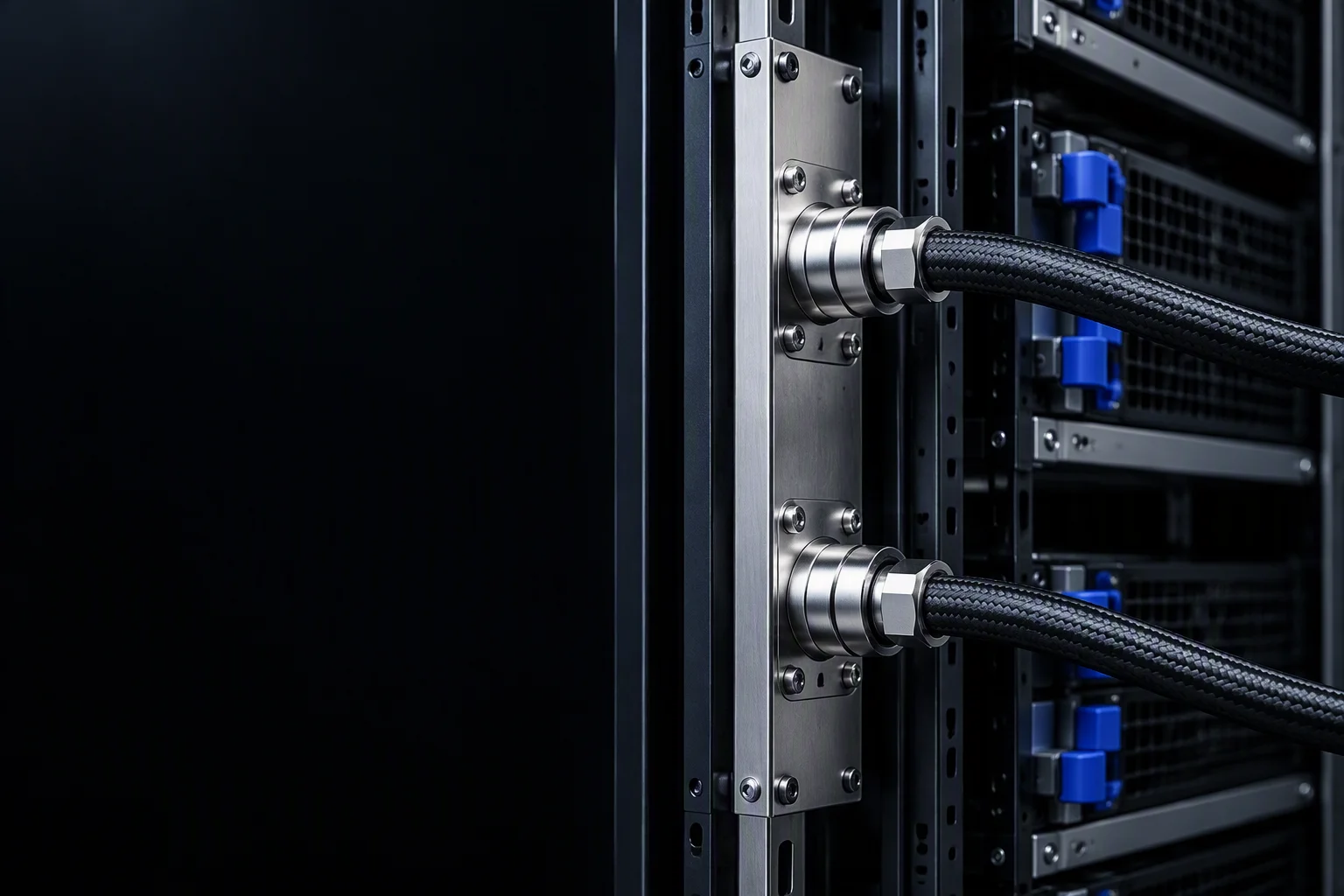 Rear of a rack column with a vertical manifold bolted to the post and two port rows facing the aisle