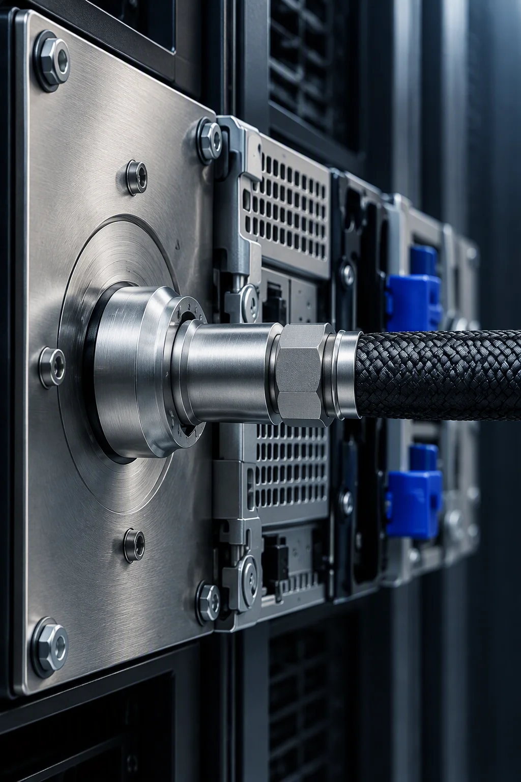 Vertical close-up of a manifold header pipe with an evenly pitched row of ports